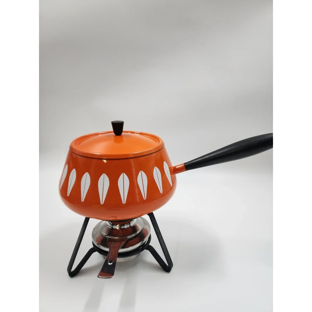 Cathrineholm Lotus Fondue Set Orange White Enamel Mid Century Modern Norway MCM